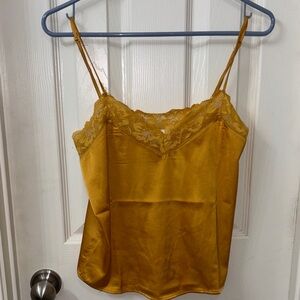 Pink Rose Lace-Trim Satin Cami in Mustard Gold